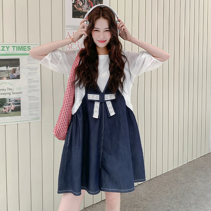 休闲小个子学院风套装女2025夏季新款洋气白色短袖背带短裤两件套
