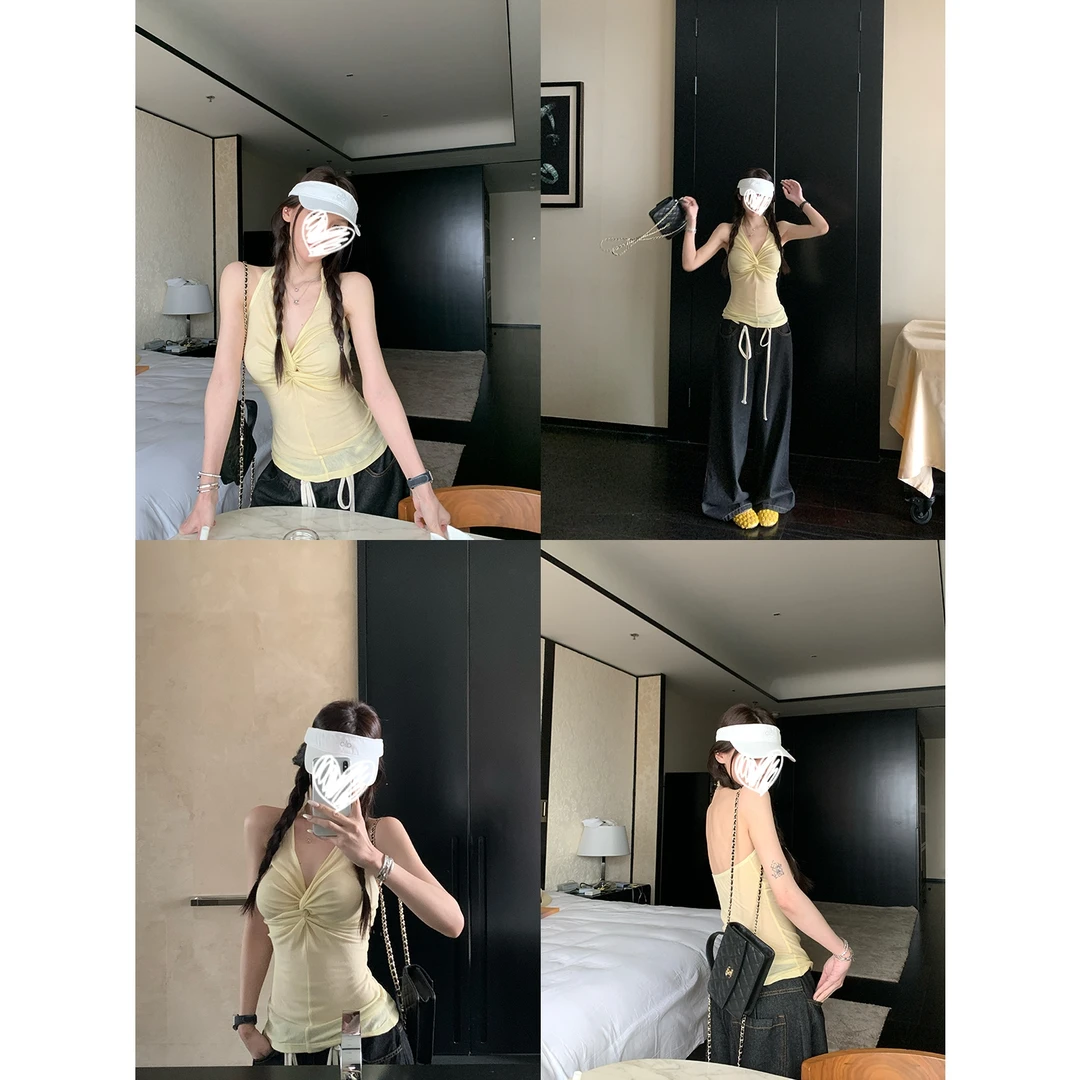 艺等辣妹扭结不规则吊带背心女外穿夏季美背内搭性感挂脖露背上衣