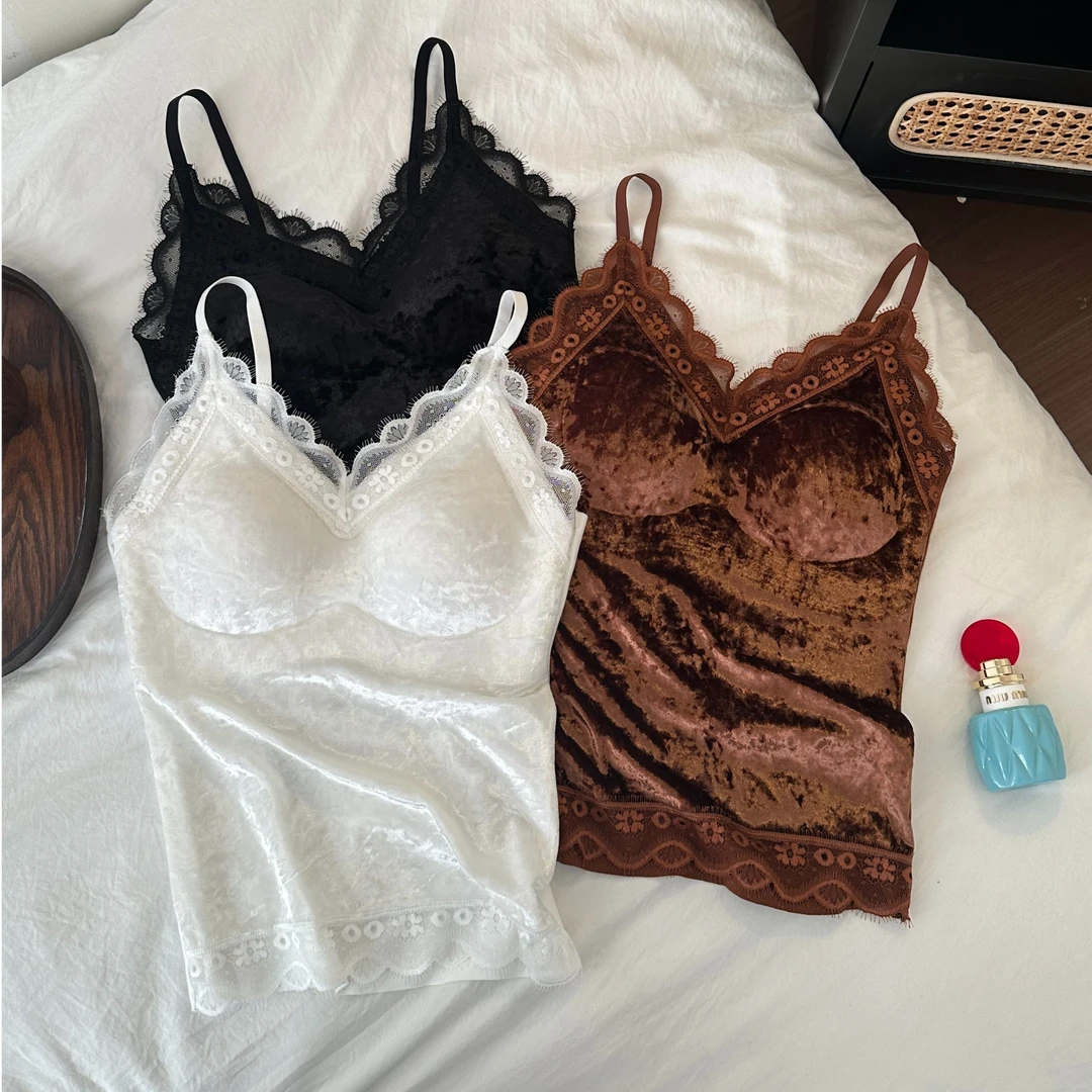 【流光风新升级】法式复古羊绒蛋白背心鎏金丝绒蕾丝吊带显瘦