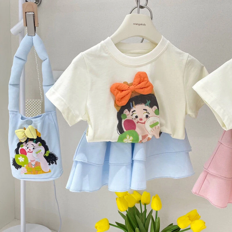 女童纯棉T恤韩版立体蝴蝶结短袖2025新款夏季100%棉女宝洋气上衣