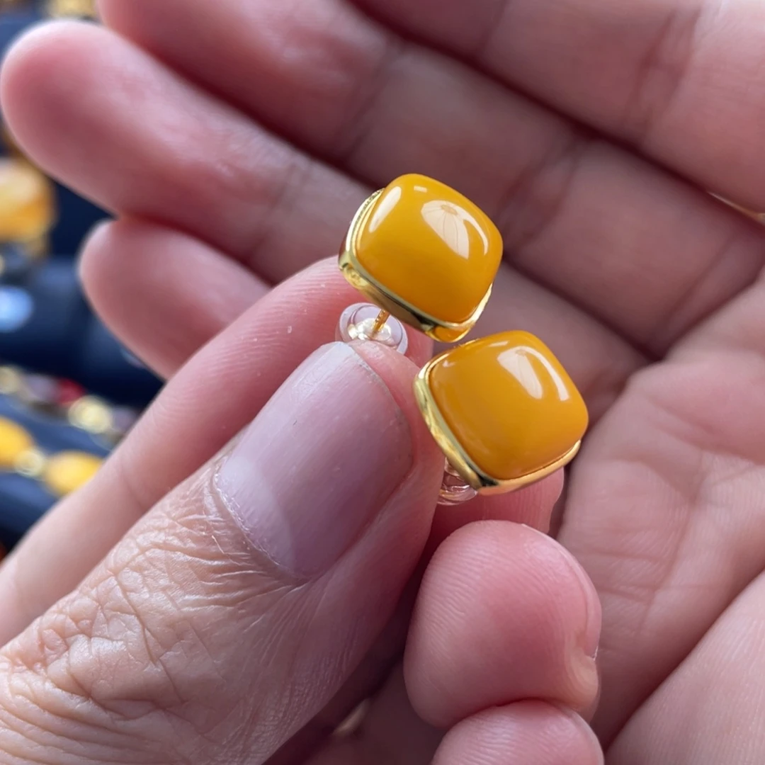 蜜蜡耳饰银S925镀金镶嵌