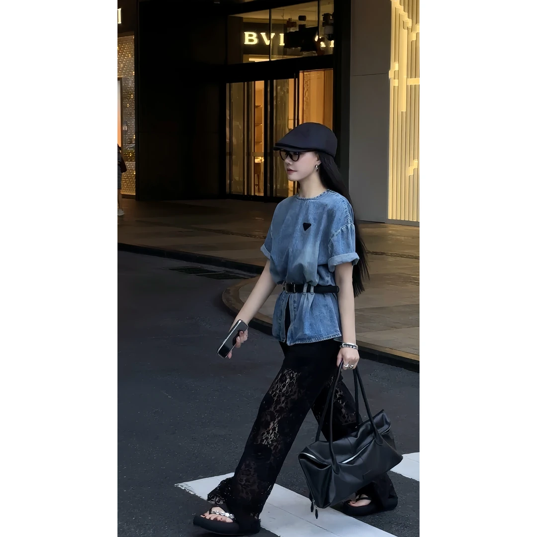 湫湫【不可或缺】舒适高级百搭时尚夏季短袖牛仔上衣040606GT