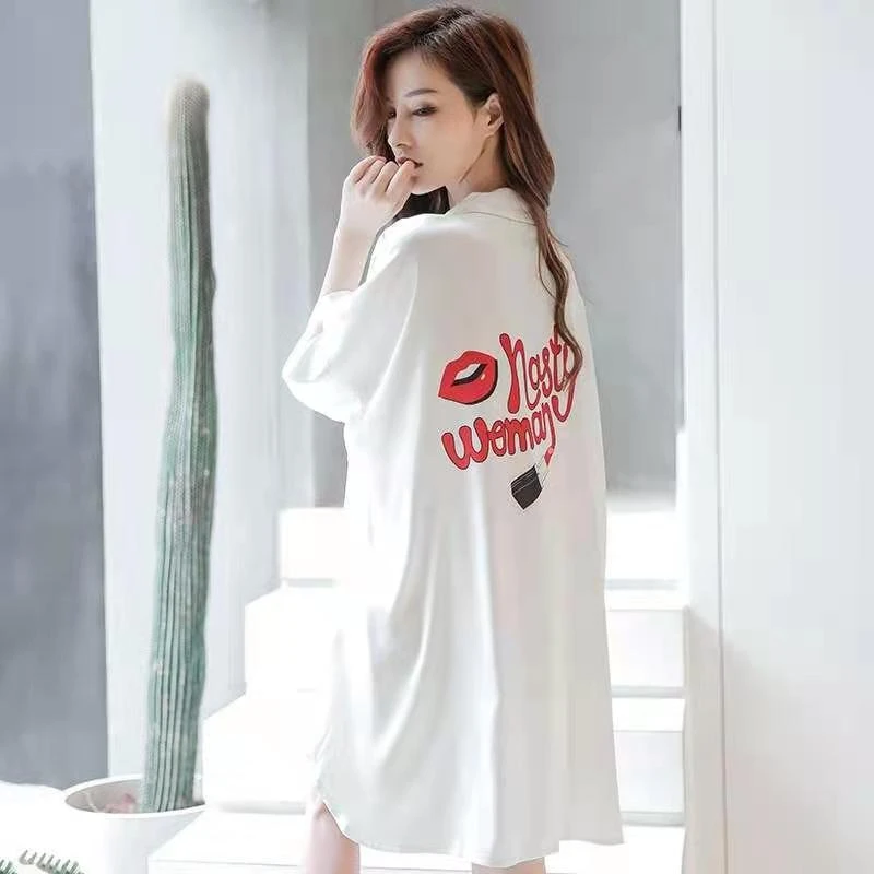 【魅力红唇】前惑夏季宽松大码印花冰雪丝翻领中长款可外穿睡裙女