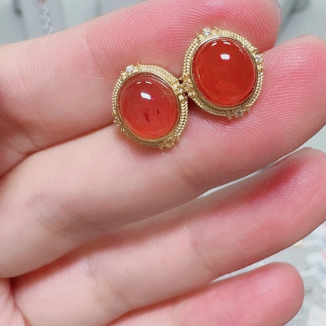 南红玛瑙银S925镶嵌耳饰耳钉