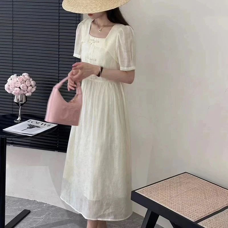 泡泡袖连衣裙设计感时尚夏季新中式温柔风夏季中式绣花连衣裙