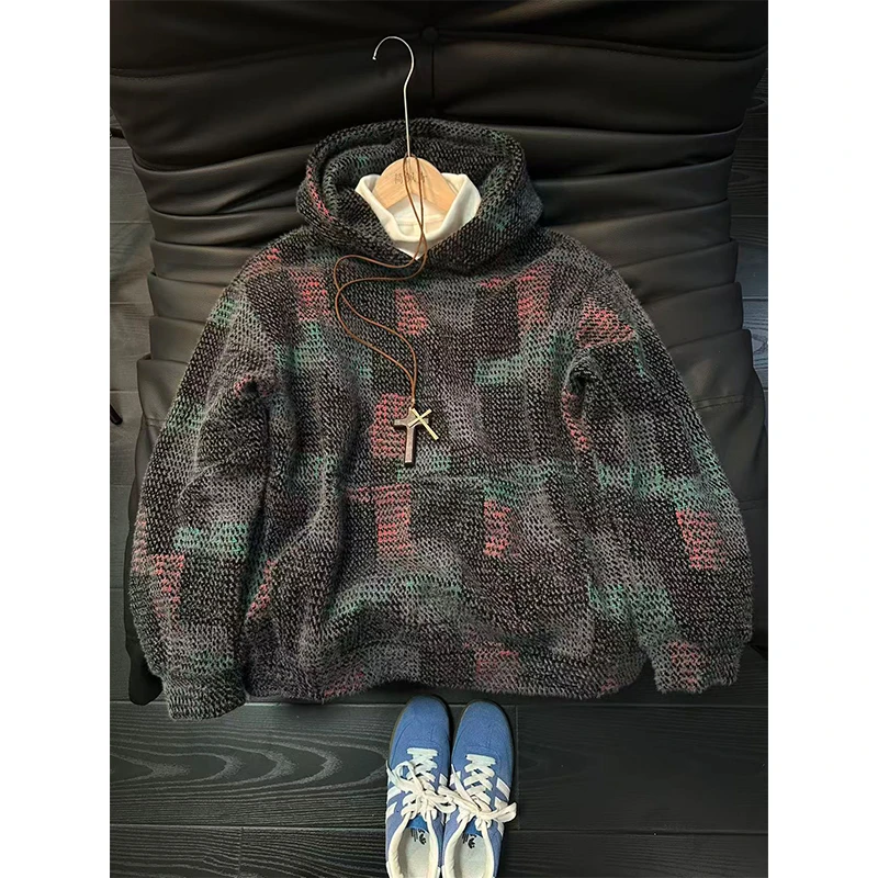 美式彩色格子针织连帽卫衣男款秋冬重磅毛绒外套宽松复古休闲上衣