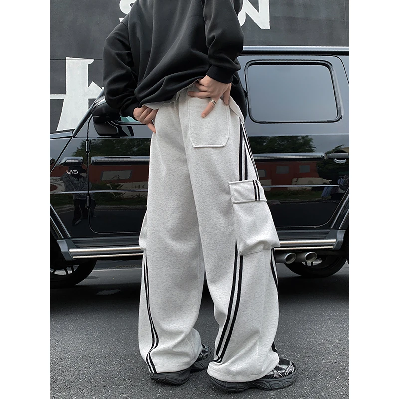 美式复古三条杠工装裤男款秋季宽松垂感卫裤撞色大码潮流休闲裤子