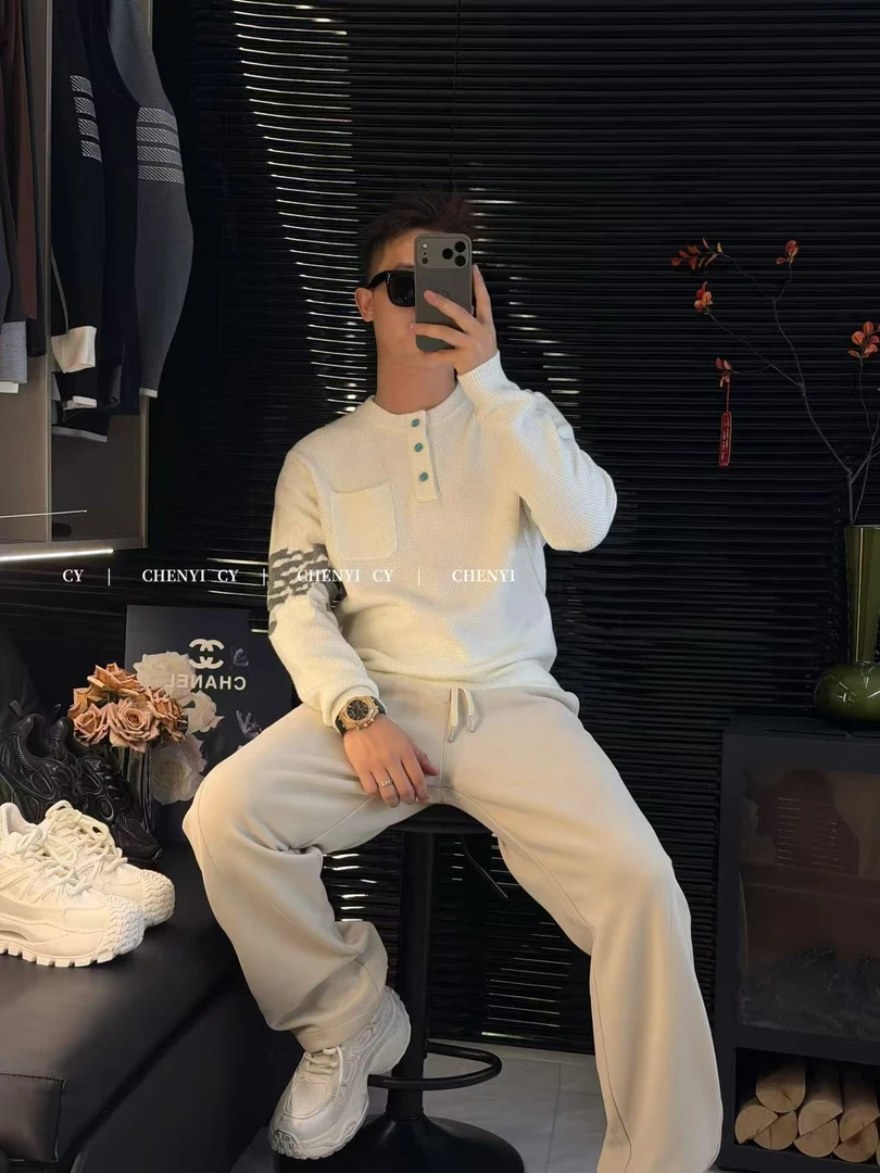 CHEN YI2025新款百搭时尚条杠褶皱纽扣毛衣亲肤感情侣同款男同款