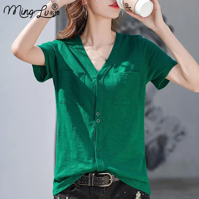 时尚短袖t恤女2025年夏季新款宽松V领纽扣上衣大码半袖开衫体恤潮