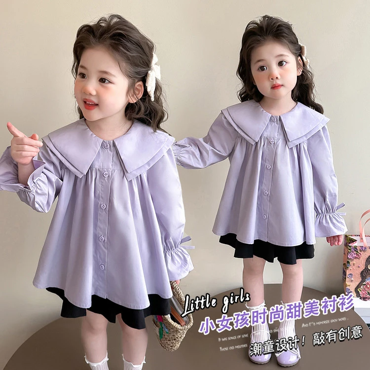 女童韩版娃娃领衬衫洋气儿童甜美学院风女孩休闲喇叭长袖衬衣潮