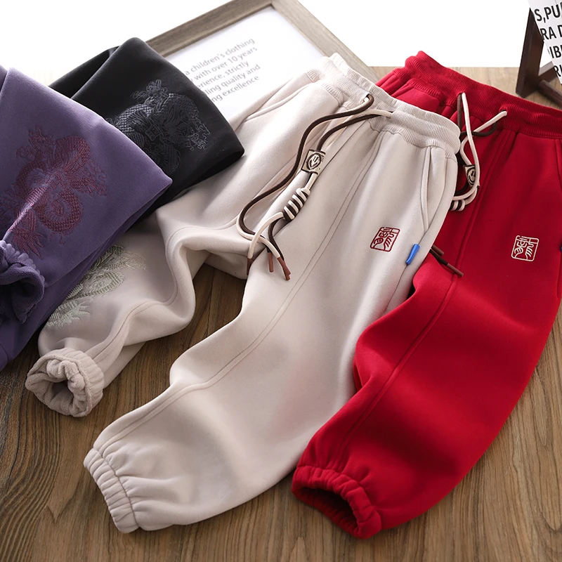 男童加绒运动裤2024冬季新款儿童拼接束口保暖裤卡通刺绣棉裤洋气
