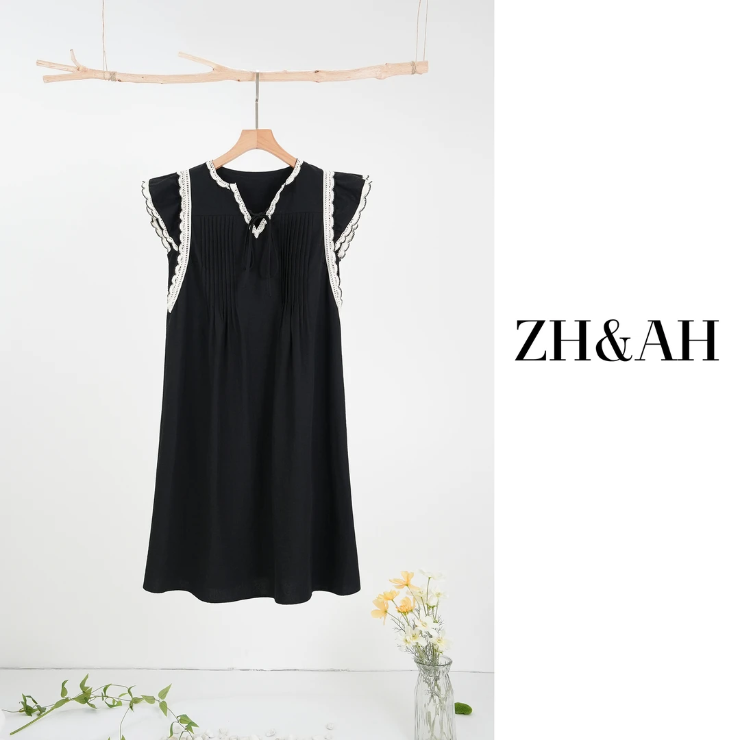 ZH&AH【玛德琳】夏季新款时尚气质百搭孕期设计师款花边拼色连衣裙