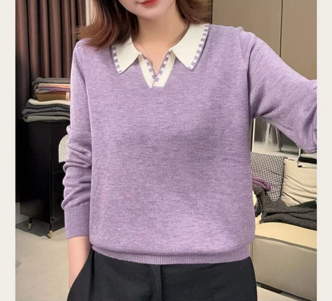 翻领时尚女士洋气长袖针织衫女 078
