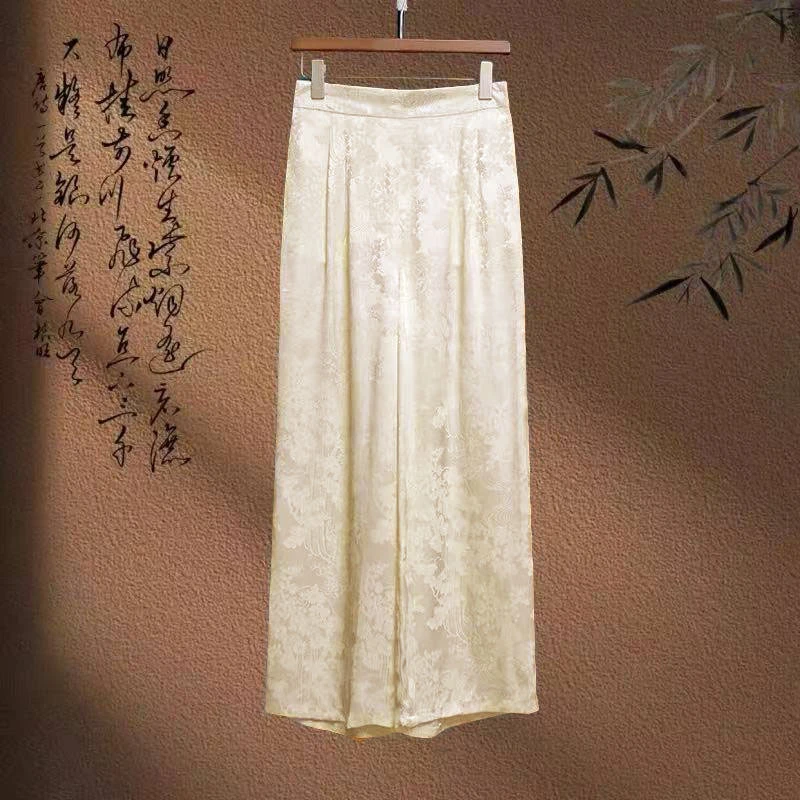 米白提花垂感显瘦阔腿裤休闲长裤女半松紧腰显瘦直筒裙裤秋390