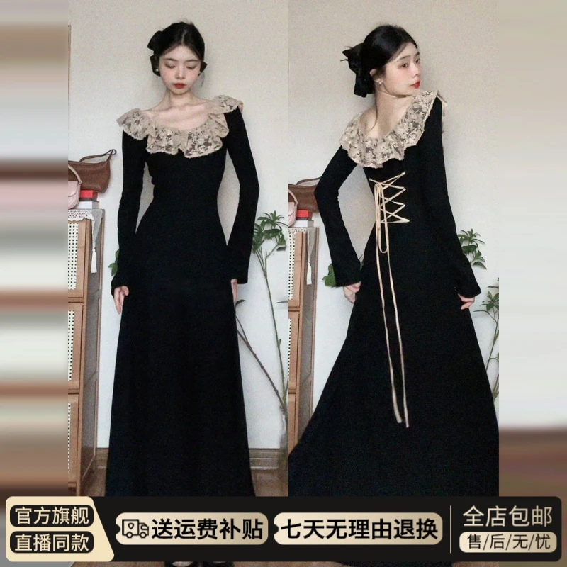 法式赫本风黑色针织长袖连衣裙子女秋冬2025新款收腰显瘦洋气长裙