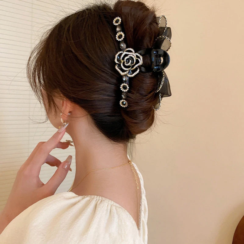 轻奢优雅山茶花抓夹金边网纱蝴蝶结镶钻发夹后脑勺盘发鲨鱼夹发卡