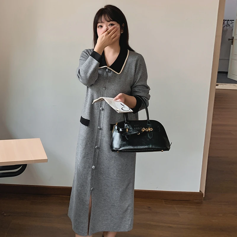 大码女装翻领开叉针织连衣裙胖mm2024秋冬休闲长裙22767