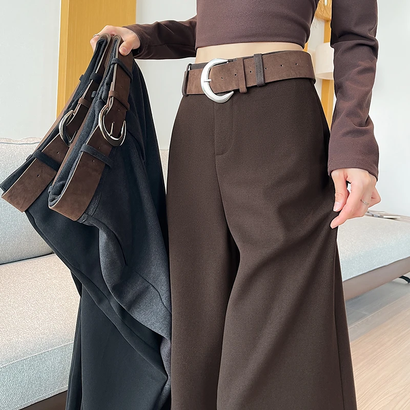 美拉德咖色毛呢阔腿裤女秋冬季高级感垂感宽松拖地高腰休闲西装裤