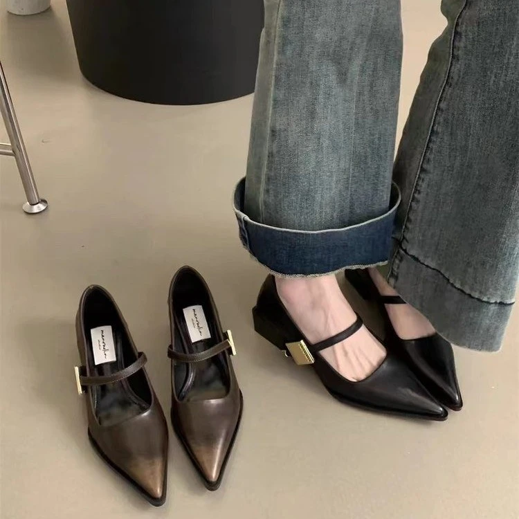 尖头浅口单鞋女中跟2025新款春秋法式气质粗跟玛丽珍鞋复古小皮鞋
