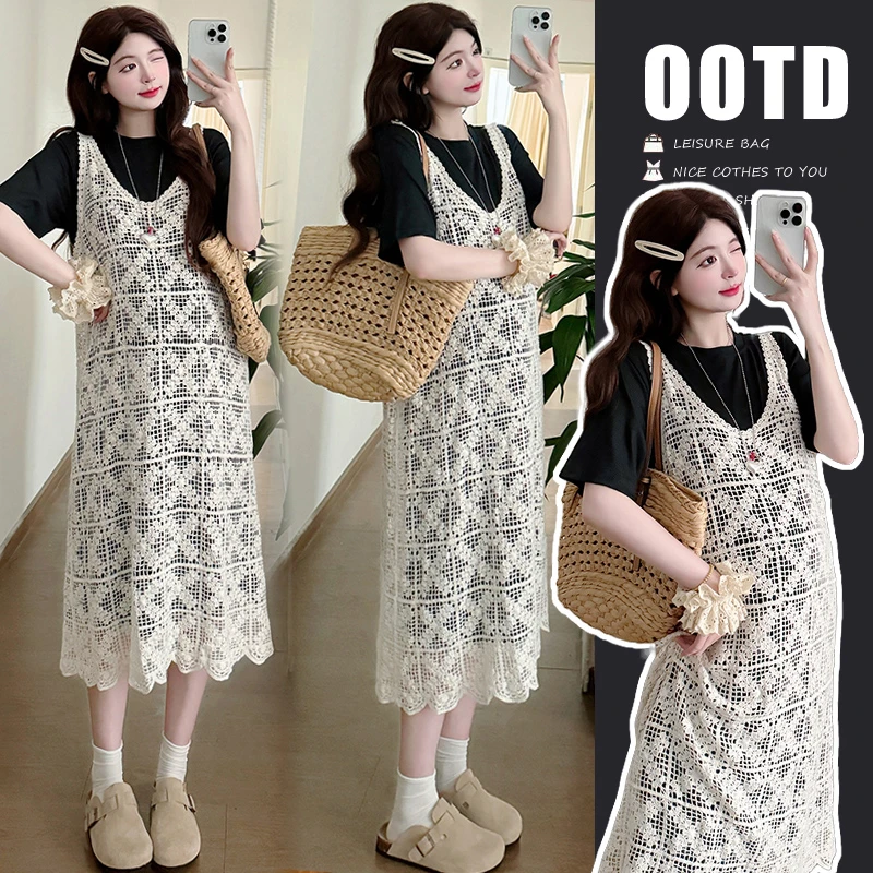 孕妇2025新款夏季宽松大码套装钩花宽松背心裙外搭+长款短袖T恤裙