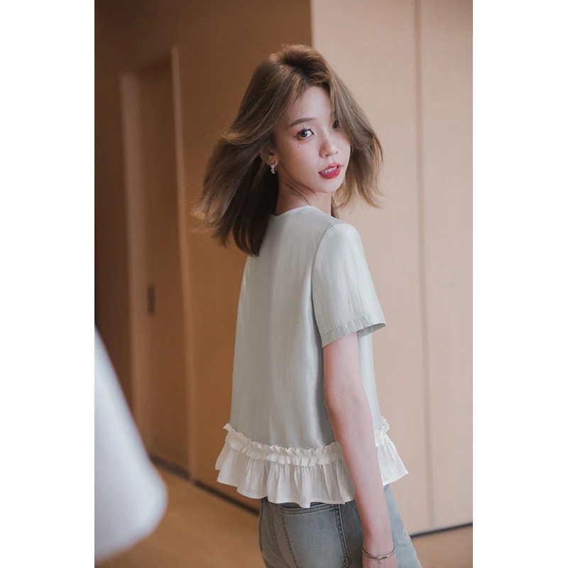小谷粒遐想衬衫洋气小众气质独特漂亮小衫女亮丝皱拼接法式感上衣