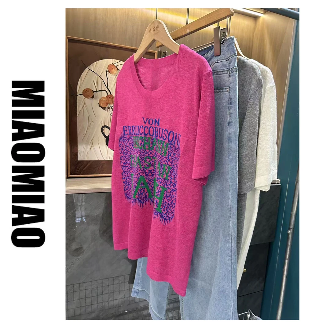 【苗苗】5514百搭字母花色针织短袖女夏装薄款宽松显瘦上衣