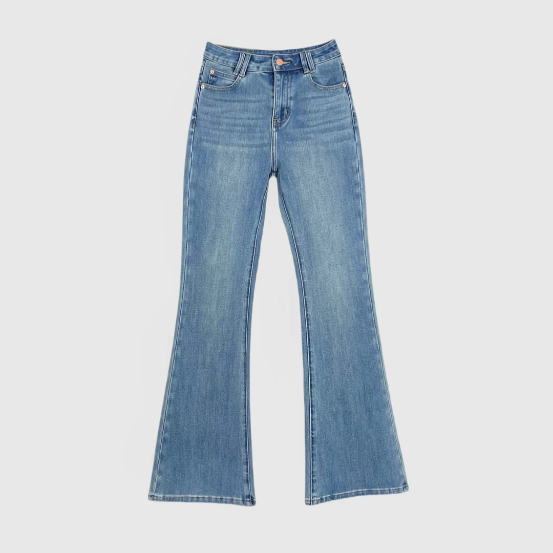 清新喇叭四面弹中高腰显瘦复古喇叭裤牛仔裤