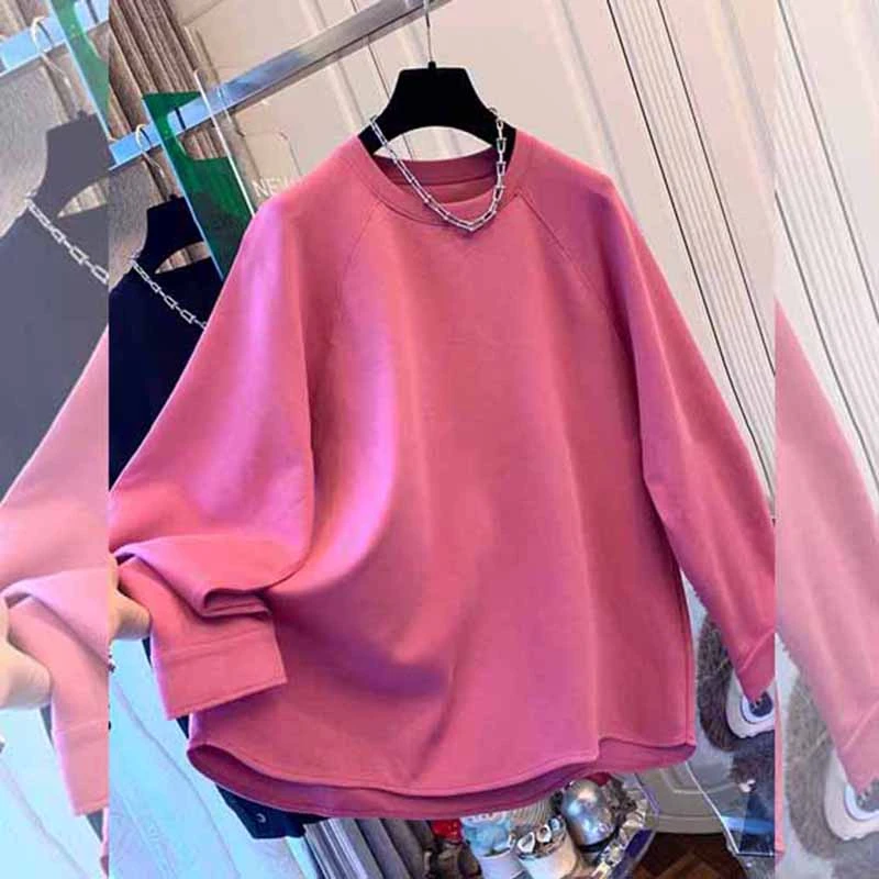 休闲百搭高级感粉色长袖卫衣打底衫宽松大版上衣女春秋季新品时尚