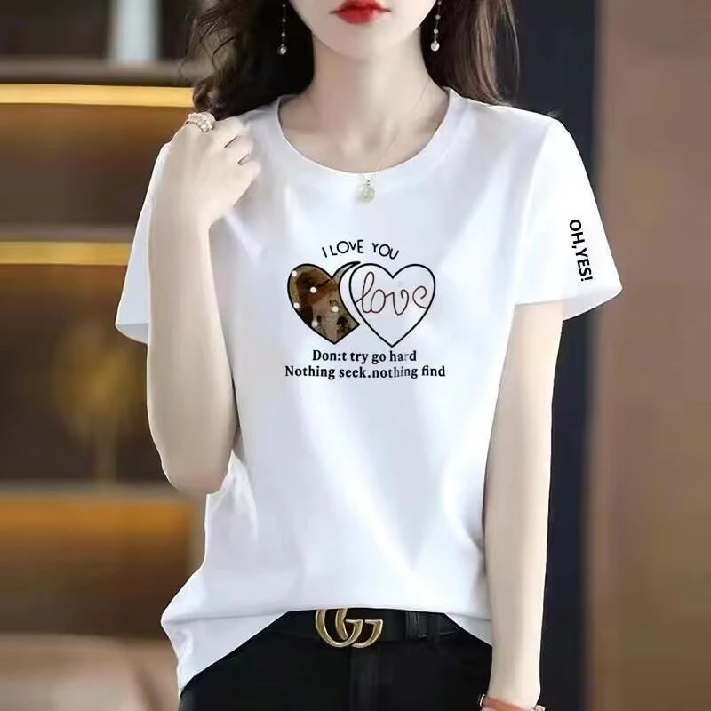 新款纯棉短袖时尚女款t恤显瘦百搭印花夏季圆领【双爱心】