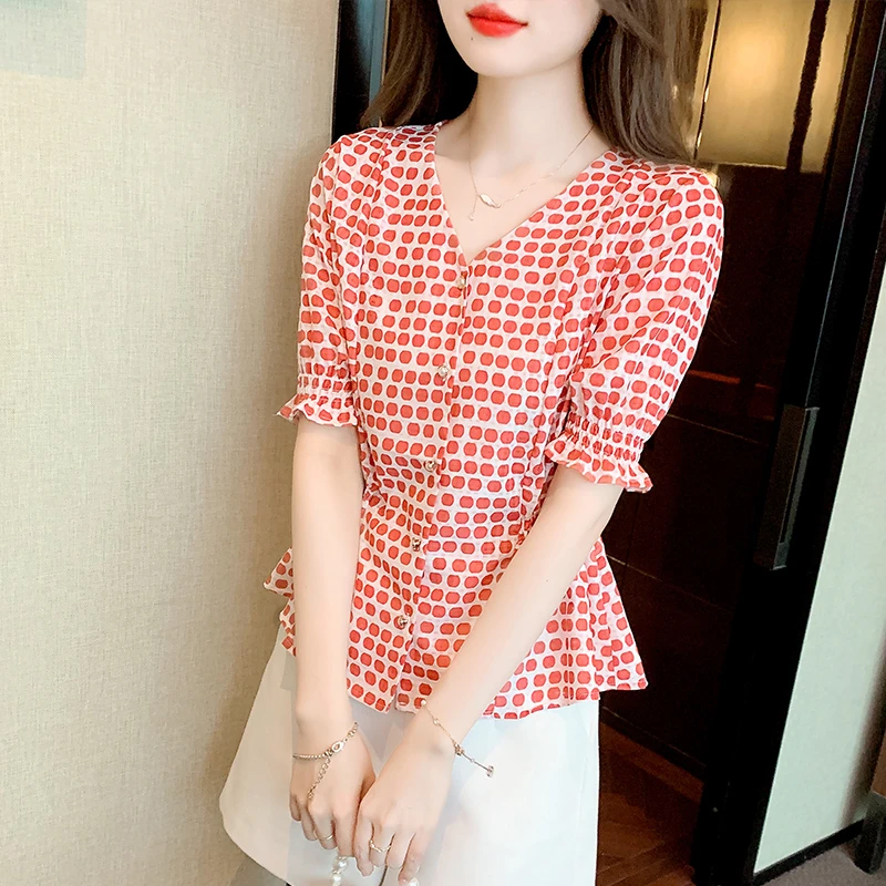 小个子v领衬衫通勤风时尚冰丝泡泡袖衬衫显瘦格子韩版小衫度假风