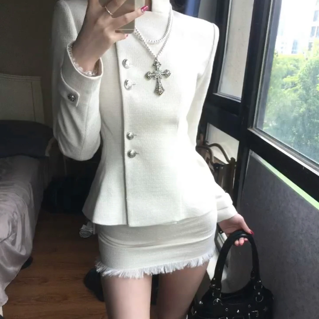 细闪小香风收腰外套 低腰毛边流苏半裙两件套