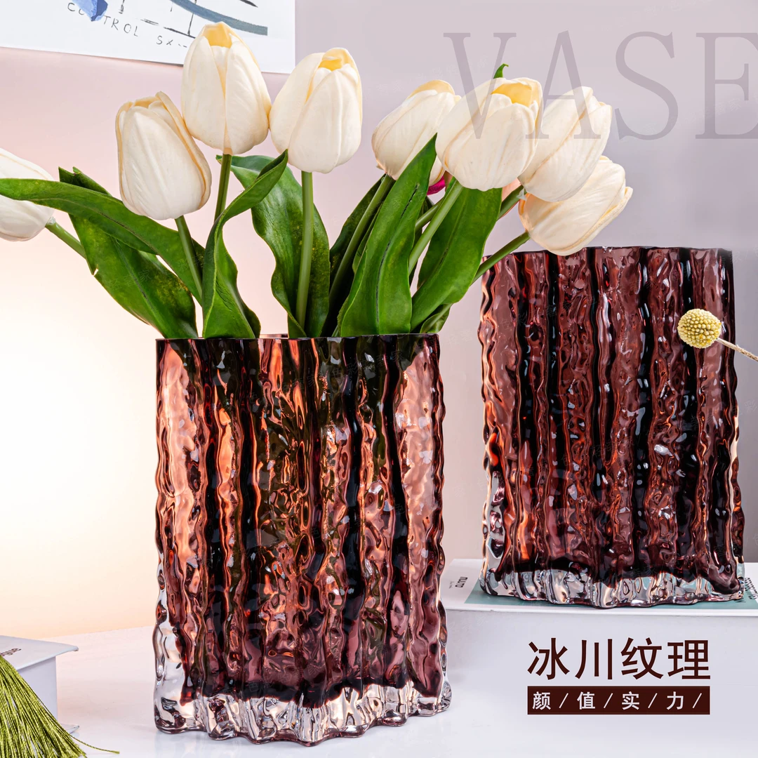 A995轻奢简约中紫色冰川玻璃插花花瓶质感装饰摆件水培器皿