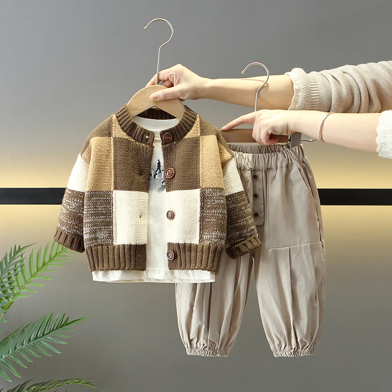 男童套装2025年款衣服儿童服装春秋季宝宝毛衣外套三件套潮酷痞帅