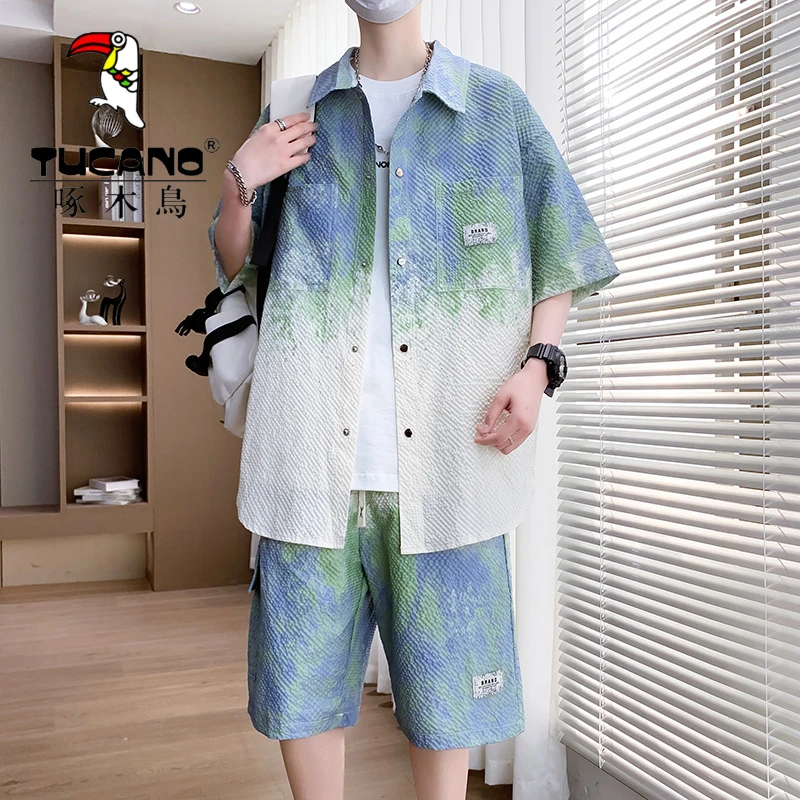 啄木鸟冰丝翻领衬衫短袖T恤男套装夏季新款潮流运动帅气短裤渐变