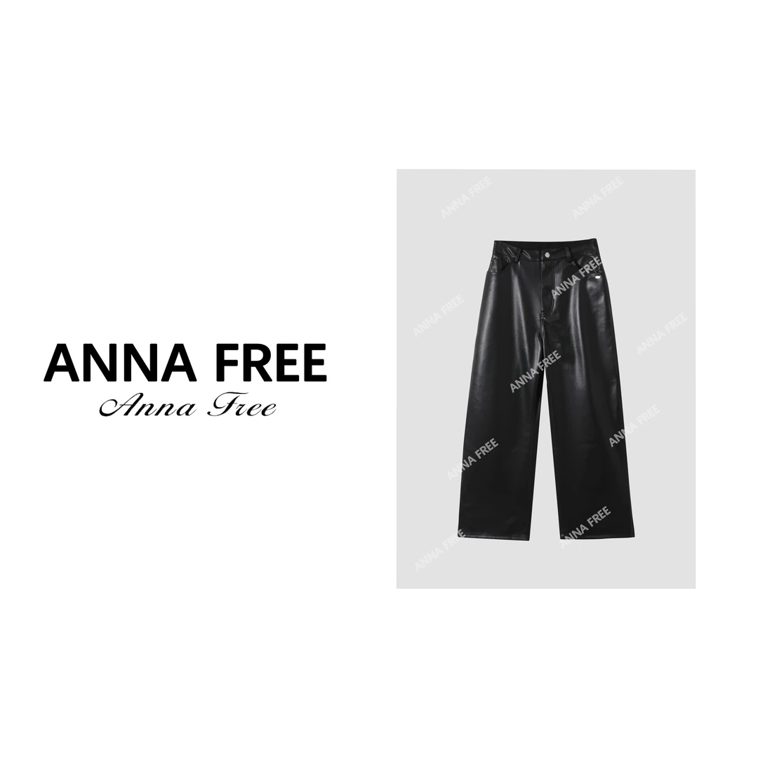 ANNA FREE 2023秋冬加薄绒新款高腰pu皮阔腿裤直筒裤子女23170