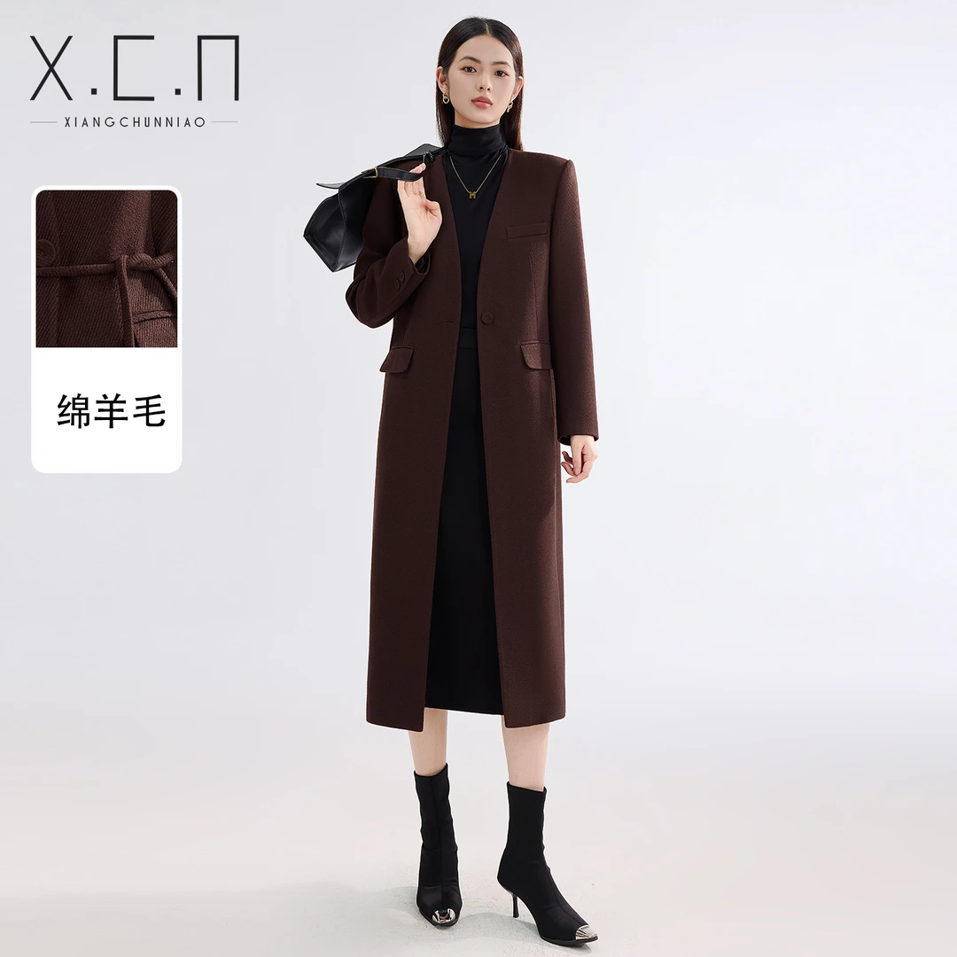 祥春鸟复古高级感厚毛呢大衣女秋冬高端大气通勤中长外套25W1186