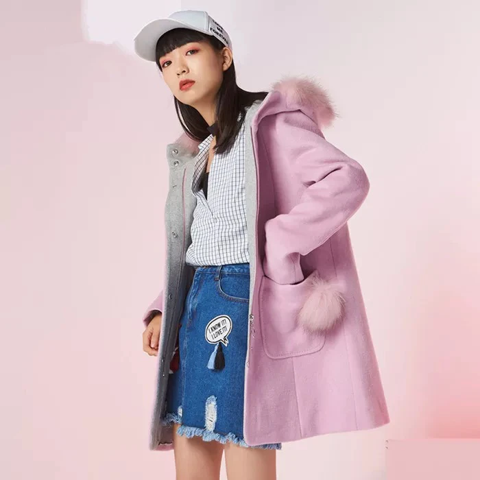 艾格秋季女装新款羊毛修身百搭潮流连帽中长款毛呢外套