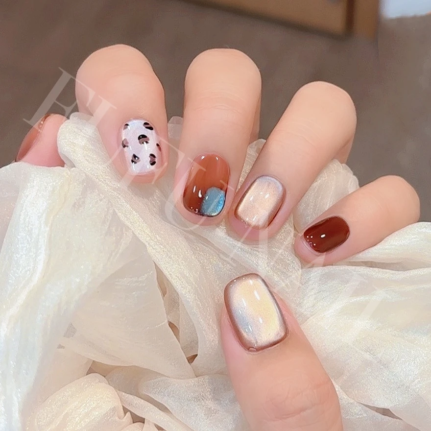 黑糖豹纹短款玻璃珠猫眼纯手工穿戴甲显白高级气质感ins纯欲