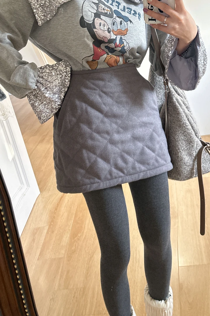 【HuiHui】韩国复古百搭高腰显瘦菱形格夹棉A字半身裙（A1516)