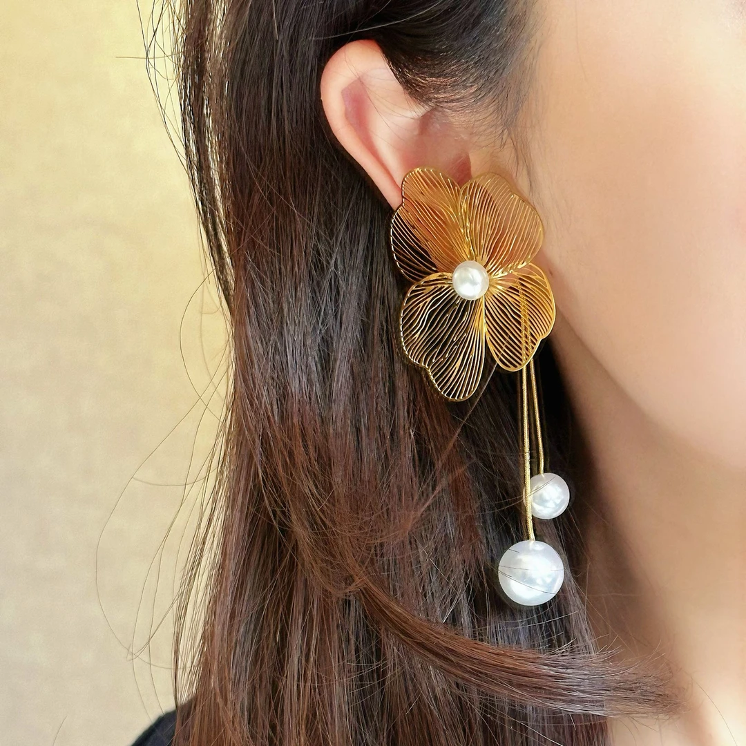 钛钢耳饰 新款珍珠流苏花朵耳环超仙修饰脸型长款流苏耳饰气质