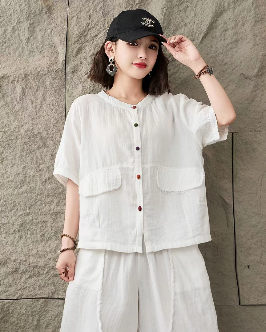 FWS---2025夏季短袖几何图案女短袖复古风宽松纯色文艺韩版