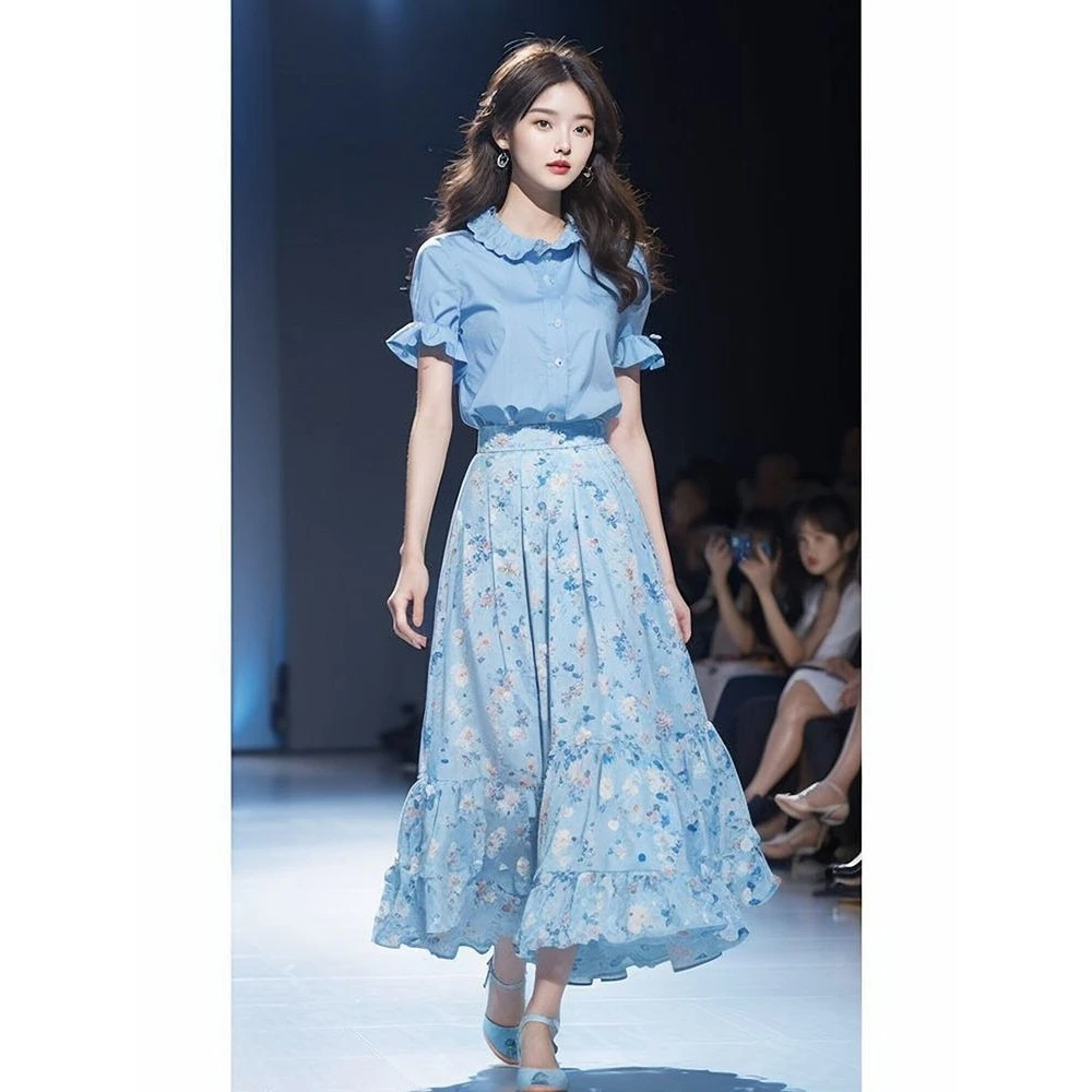 【48小时发货】夏装搭配一整套韩系蓝色短袖衬衫碎花半身裙套装2025