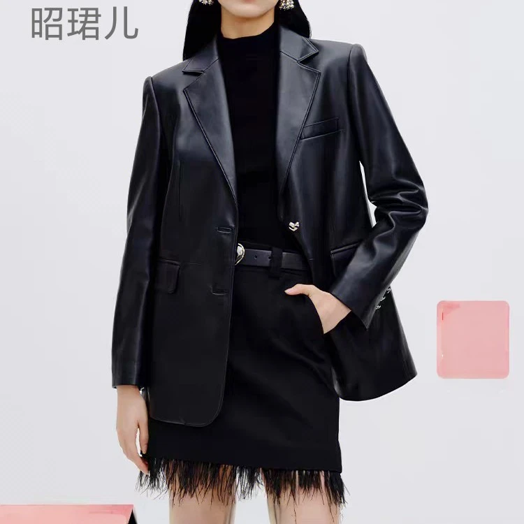 昭珺儿海宁高端绵羊皮西装时尚休闲女装皮风衣中长款女西装外套