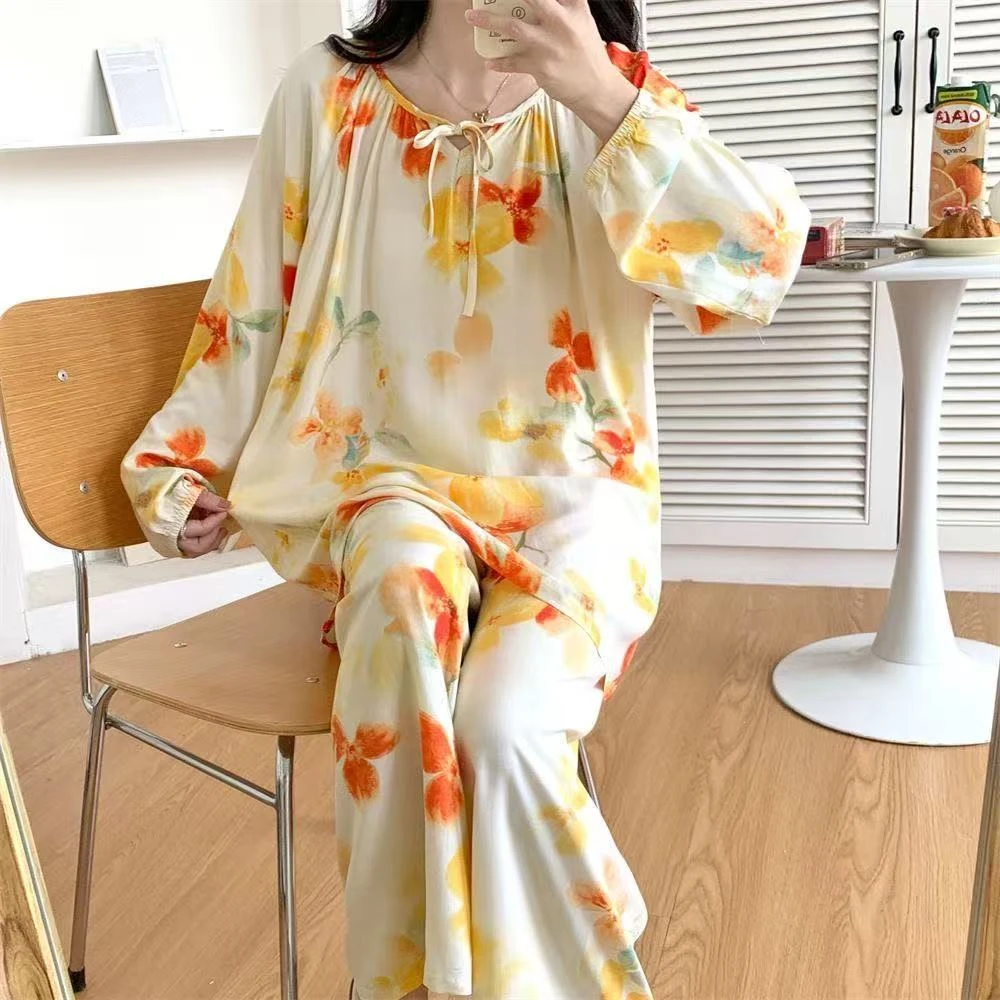 2025家居服套装睡衣女春夏季长袖长裤绵绸可外穿宽松空调服