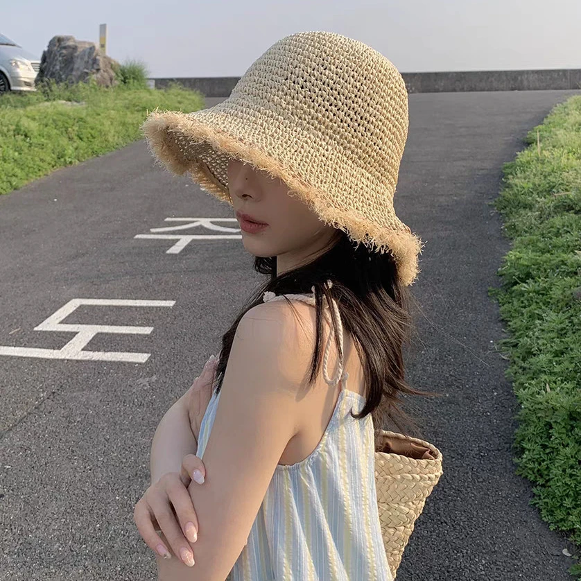 【WEN】夏季钩针帽拉菲草毛边手编帽海边度假遮阳草帽防晒帽