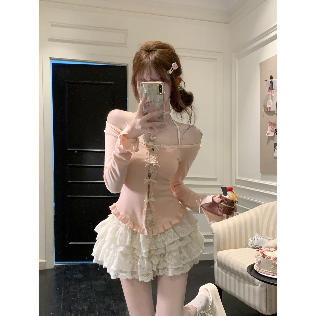 瑞茜·威瑟斯 白雾甜茶 甜美收腰显瘦针织开衫内搭半身裙R5682-1Z