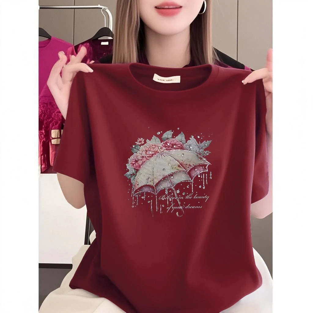 新款纯棉洋气t恤女夏装宽松大码显瘦百搭遮肚子正肩圆领印花上衣