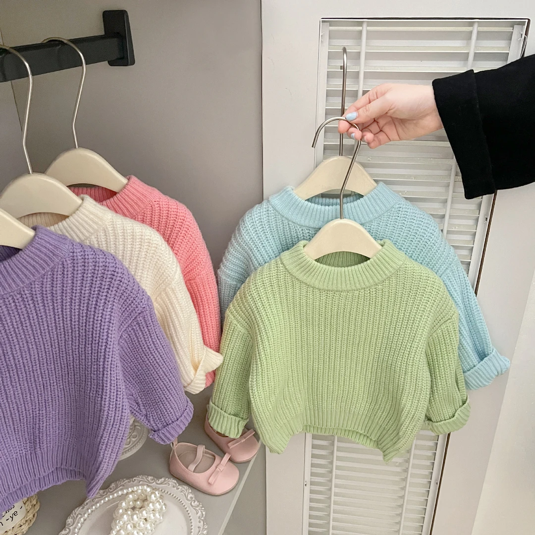 韩版婴儿衣服秋冬男童圆领针织上衣百搭女宝宝糖果色套毛衣潮范