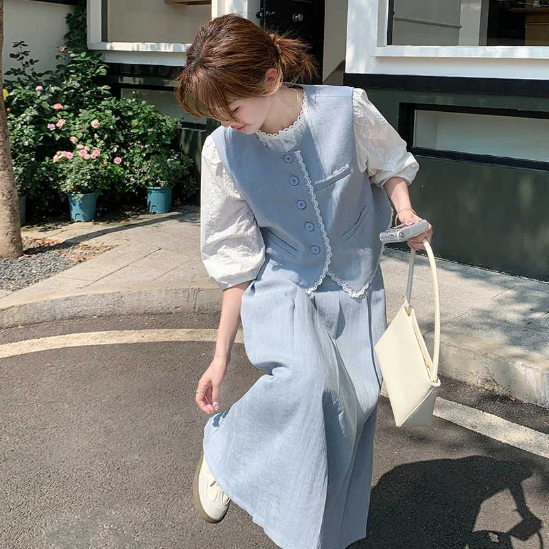 一整套ootd穿搭高级感时尚遮肉小个子蓝色马甲半身裙三件套秋新款