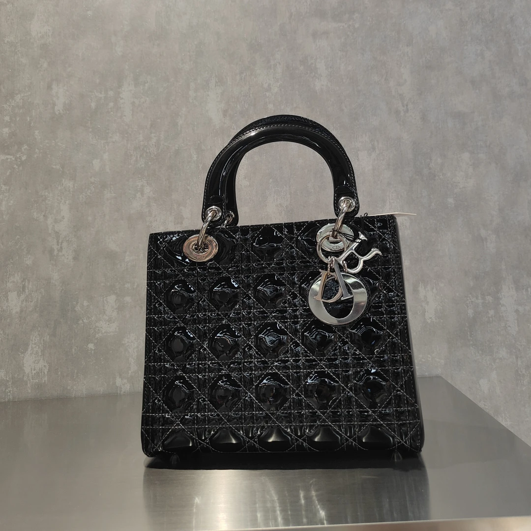 95新 DIOR/迪奥 黑色漆皮三格戴妃包手提斜挎包缺肩带改色